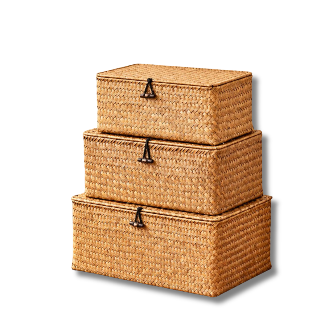 Natural Woven Rattan Storage Basket Set with Lids – 3 Piece Organizer Boxes
