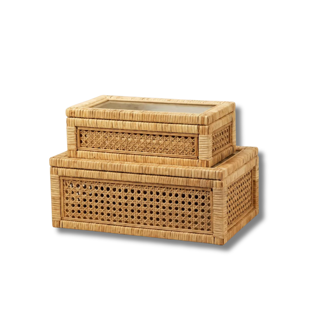 Handwoven Rattan Storage Box Set with Lids – 2 Piece Decorative Organizer Baskets