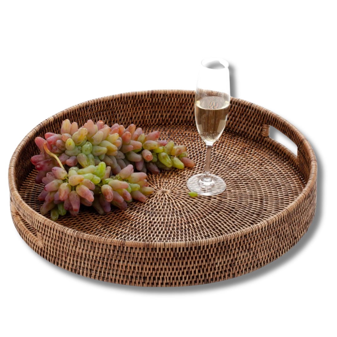 Handcrafted Rattan Accent Tray – Scalloped Edge Wicker Tray with Handles