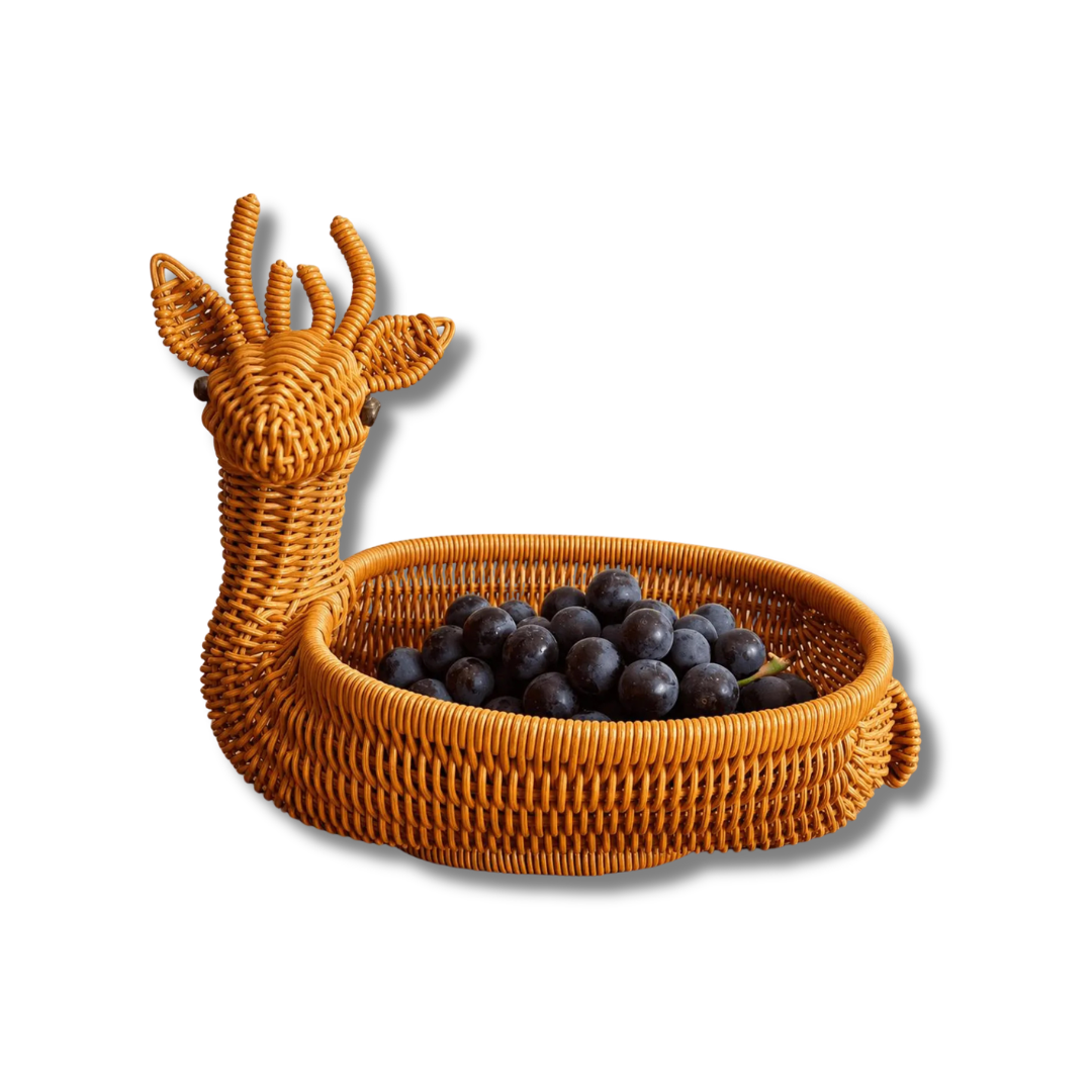 Handwoven Rattan Deer Serving Tray – Unique Animal Shaped Wicker Fruit Basket
